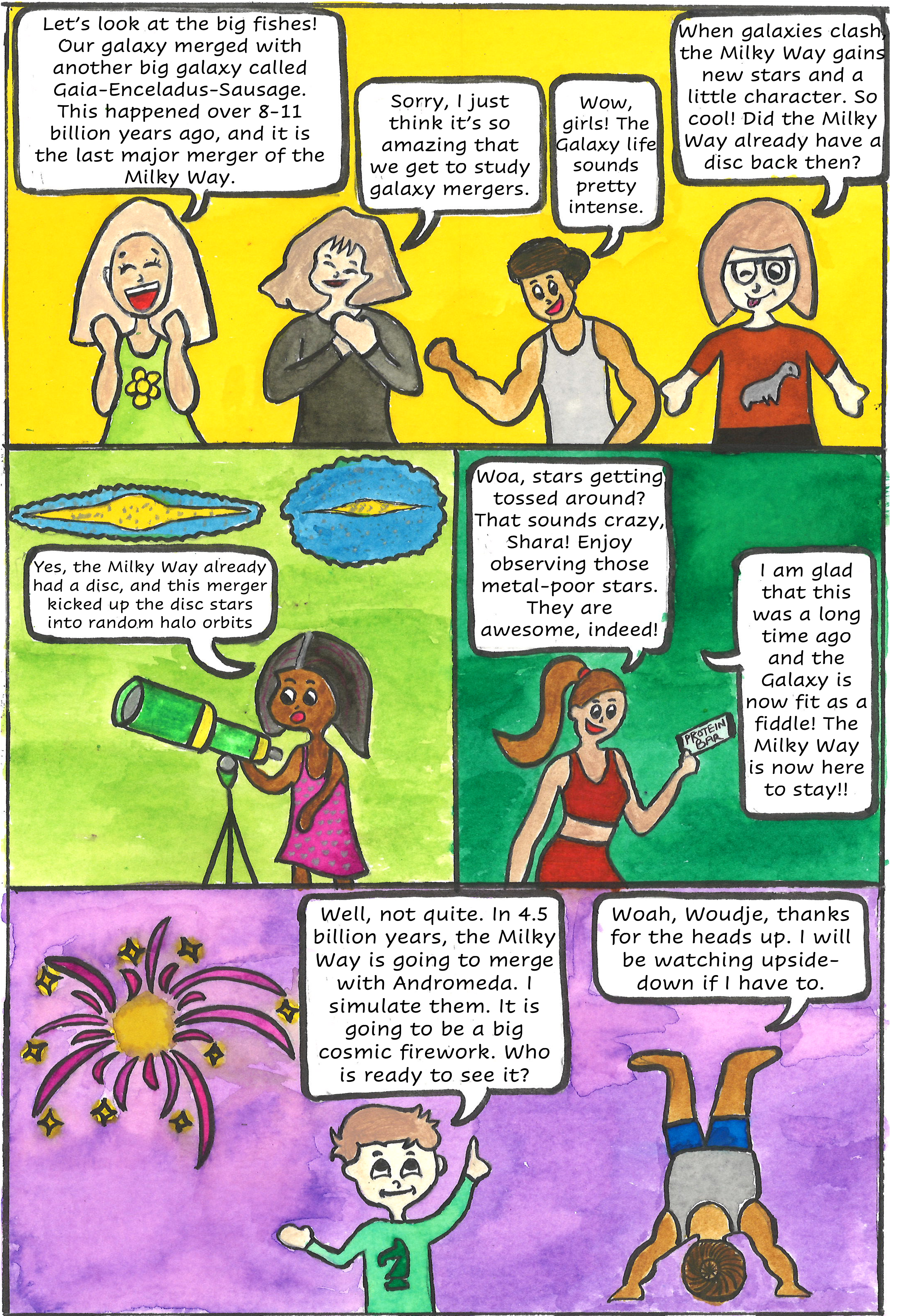 Comic page about the Milky Way's mergers and evolution